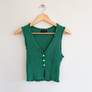 Cotton Candy Land LA Ribbed Button Ruffle Trim Cropped Top Green L